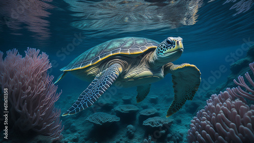 Green sea turtle swimming over coral reef. Seascape with sea turtle.