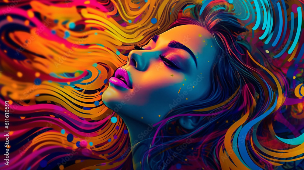 Psychedelic woman portrait meditation colorful background created with generative ai