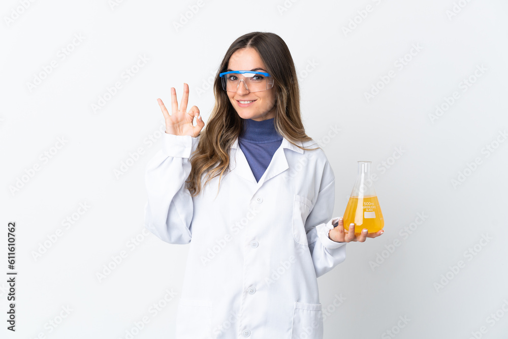 Young Romanian scientific woman isolated on white background showing ok sign with fingers Young Romanian scientific woman isolated on white background showing ok sign with fingers