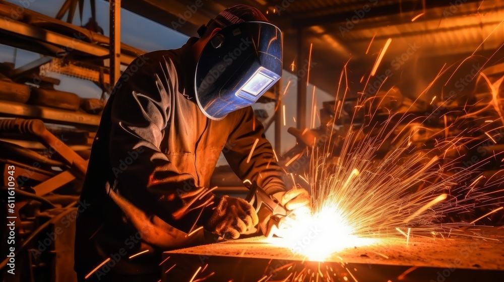 A welder is working on welding metal and sparks A welder is working on welding metal and sparks