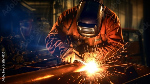 A welder is working on welding metal and sparks