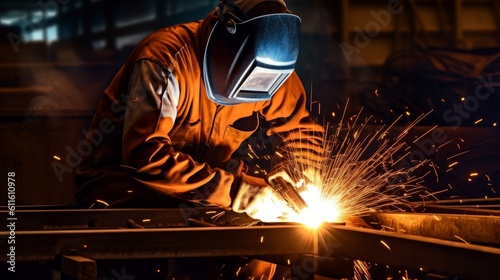 A welder is working on welding metal and sparks