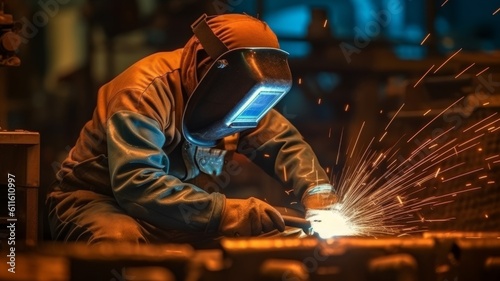A welder is working on welding metal and sparks
