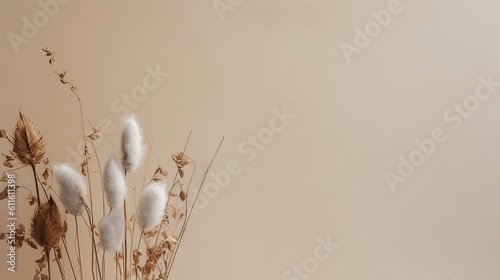 Branch of dried grasses on a background with copy space. Beautiful grass and twig minimalist card. All seasons. Beautiful card. Generative AI.
