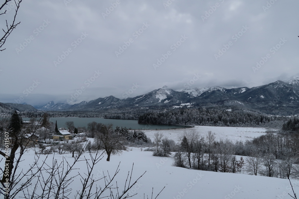 Winter scenery at a lake near Villach in the Austrian state of Carynthia