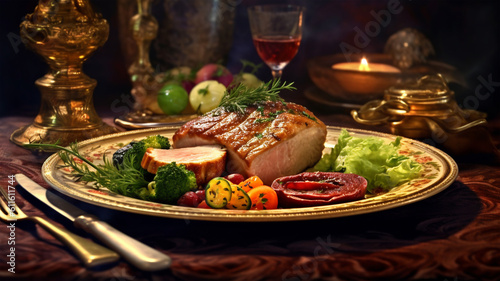 Czech traditional meat dish Veprove Koleno with vegetable and sauce side dish