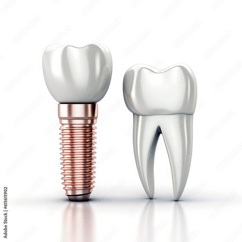 Demonstration of crown teeth: a healthy tooth and an implant with a metal post on a white background. AI generated. Generative AI Demonstration of crown teeth: a healthy tooth and an implant with a metal post on a white background. AI generated. Generative AI