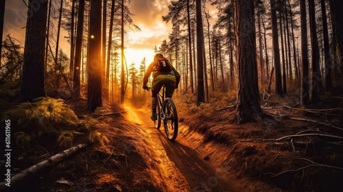 Mountain biker riding on bike in spring inspirational forest landscape. Man cycling on enduro trail track. Generative AI photo