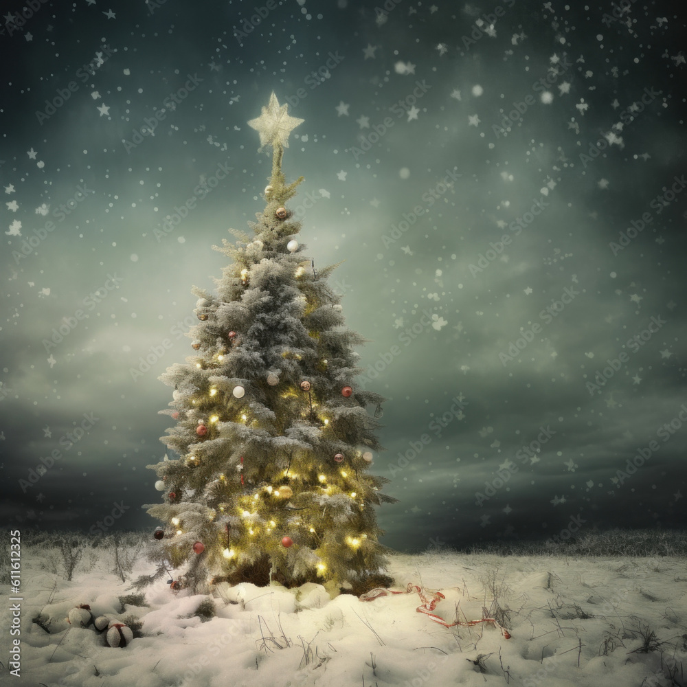 Charming Classic Outdoor Christmas Scene with Decorated Christmas Tree and Snow Falling in Snowy Scene, Created with Generative AI and Other Techniques
