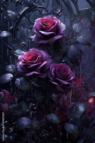 Generative AI - Captivating and Mysterious Gloomy Fantasy with Dark Red and Violet Roses