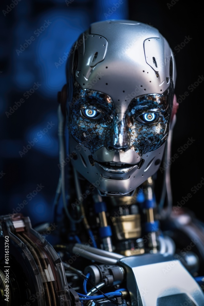 Metal humanoid robot's face. Generative AI Metal humanoid robot's face. Generative AI