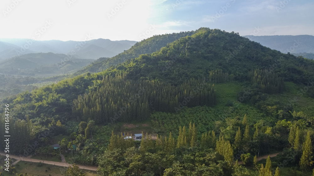 Fototapeta premium Idyllic landscape of mountains filled with green forests, grassy field and rolling hills.