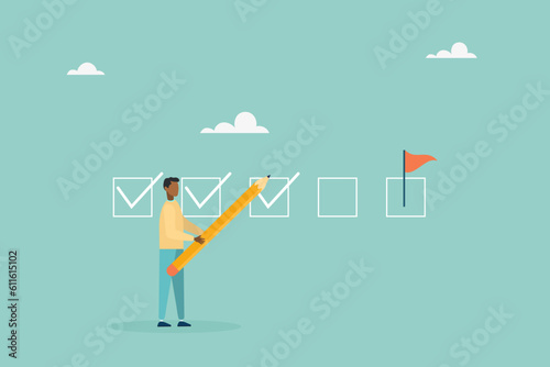 Keep track of target work. Checklist of progress. check work. The guy makes a mark with a pencil. Vector flat style illustration. 