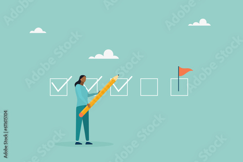 Keep track of target work. Checklist of progress. check work. The girl makes a mark with a pencil. Vector flat style illustration.
