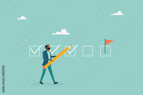 Keep track of target work. Checklist of progress. check work. The guy makes a mark with a pencil. Vector flat style illustration.
