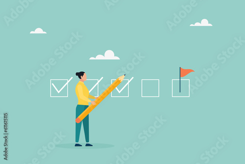 Keep track of target work. Checklist of progress. check work. The girl makes a mark with a pencil. Vector flat style illustration.
