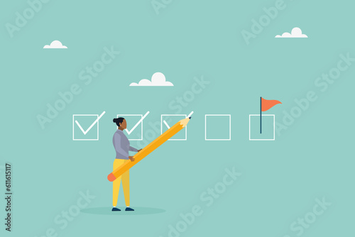 Keep track of target work. Checklist of progress. check work. The girl makes a mark with a pencil. Vector flat style illustration.
