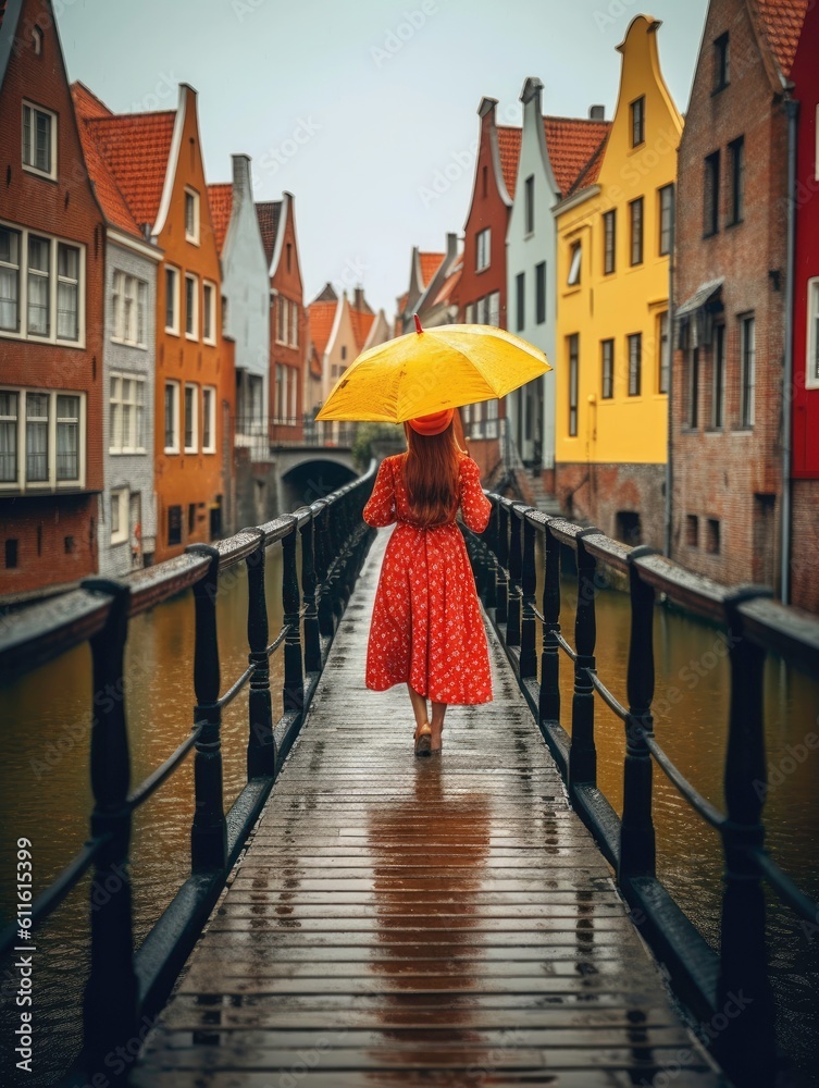 Woman in Yellow Polka Dot Dress with Red Umbrella on Bridge over Canal with Colorful Houses Generated by AI