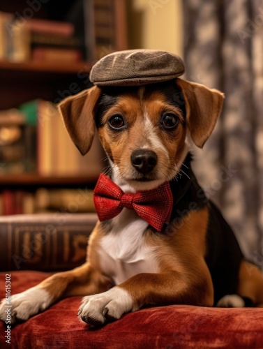 Dog in Red Bow Tie and Hat on Sofa in Living Room Generated by AI © DigitalMuseCreations