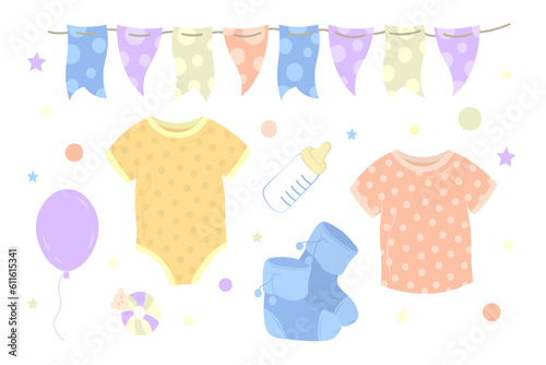 New born baby clothes clip art. Little kids t shirt and stocks elements. Pastel babies flags and balloons for gift card.