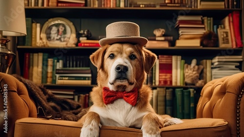 Dog in Red Bow Tie and Hat on Sofa in Living Room Generated by AI