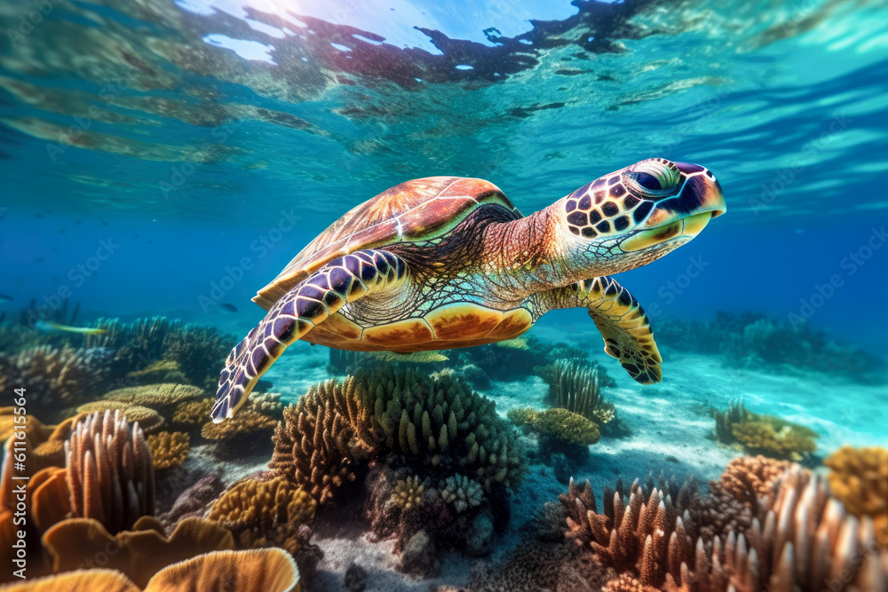 Fototapeta premium Hawksbill sea turtle gracefully navigates the tropical underwater world. Vibrant shell and gentle demeanor. Generative AI