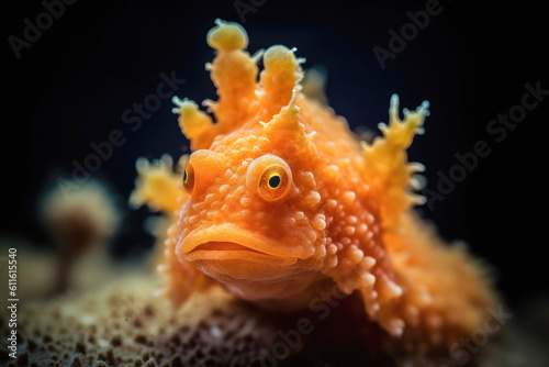 Vivid orange frogfish close-up with unique coloration  textured skin  and fascinating camouflage. Generative AI