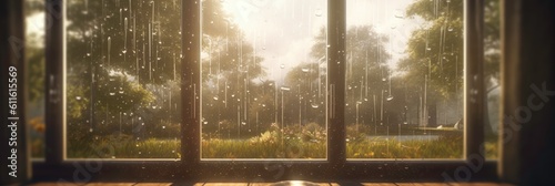 Window with Dew Drops in Wooden Frame Generated by AI