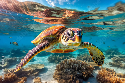 Hawksbill sea turtle gracefully swimming above a coral reef. The harmonious blend of the turtle s majestic presence and the kaleidoscope of coral formations. Generative AI.