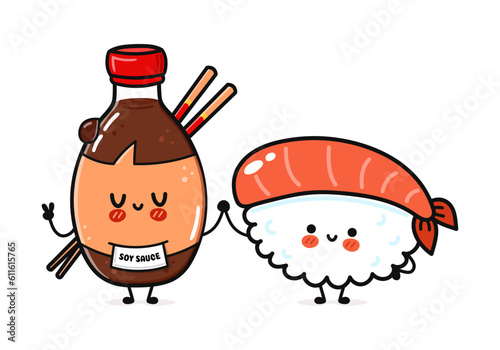 Sushi and soy sauce character. Vector hand drawn cartoon kawaii characters, illustration icon. Funny cartoon happy Sushi and soy sauce friends