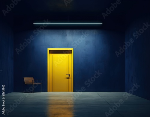 yellow door is open in the dark roomб in the style of surrealistic horror