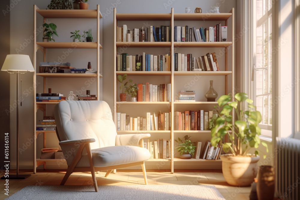 Scandinavian Bookshelf Next to an Armchair in a Cozy Modern Interior, Generative AI Scandinavian Bookshelf Next to an Armchair in a Cozy Modern Interior, Generative AI