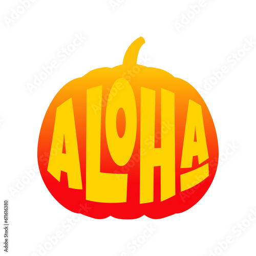 Logo feliz Halloween. Silueta de calabaza de Halloween con letras de la palabra aloha con letras estilo hawaiano