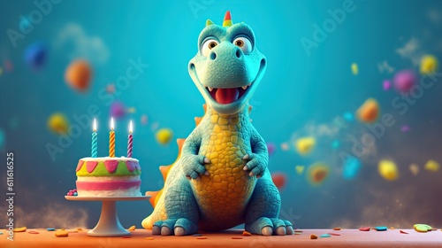 Cute dinosaur with birthday cake with candles, 3D cartoon, Generative Ai 
