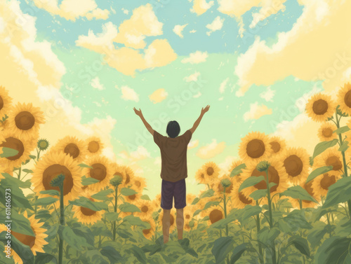 A person standing in the middle of a sunflower field their arms outstretched towards the sky. Psychology art concept. AI generation