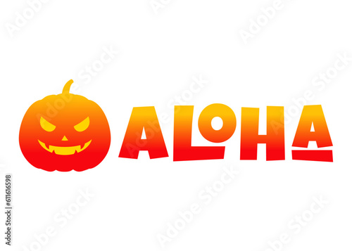 Logo feliz Halloween. Silueta de calabaza de Halloween con letras de la palabra aloha con letras estilo hawaiano