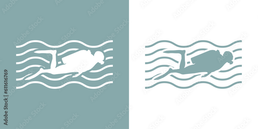 Logo club de submarinismo. Silueta submarinista con olas de mar Logo club de submarinismo. Silueta submarinista con olas de mar