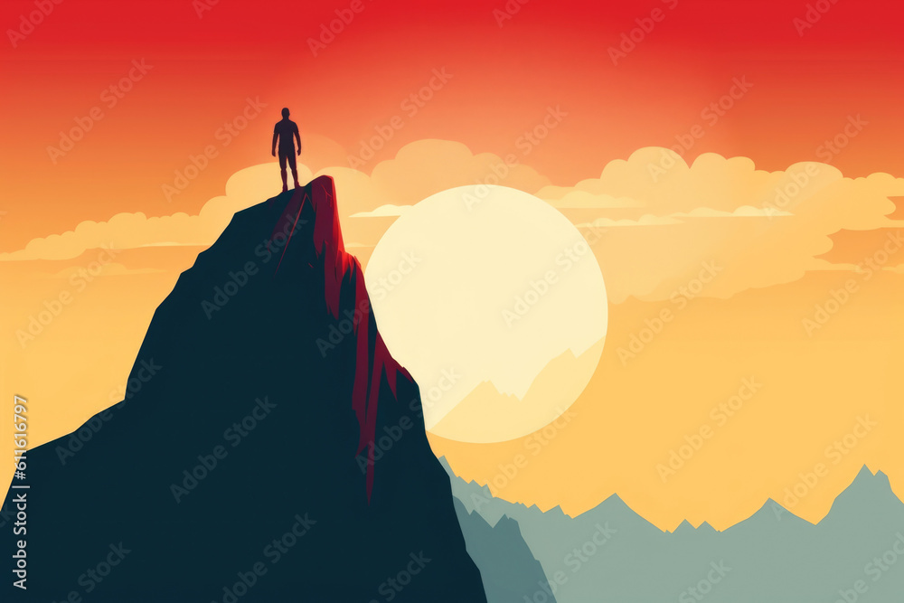 A person standing alone on a towering mountain top looking down Psychology art concept. AI generation