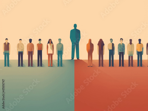 A person standing in the middle of two different groups of people representing cultural divide Psychology art concept. AI generation