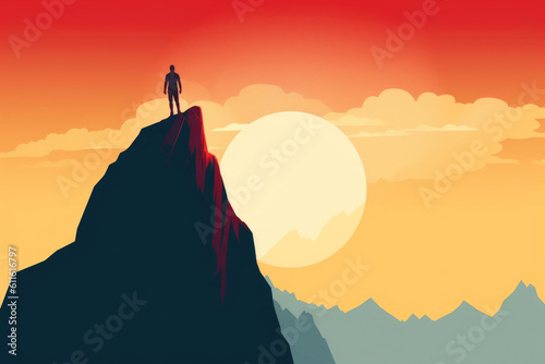 A person standing alone on a towering mountain top looking down Psychology art concept. AI generation