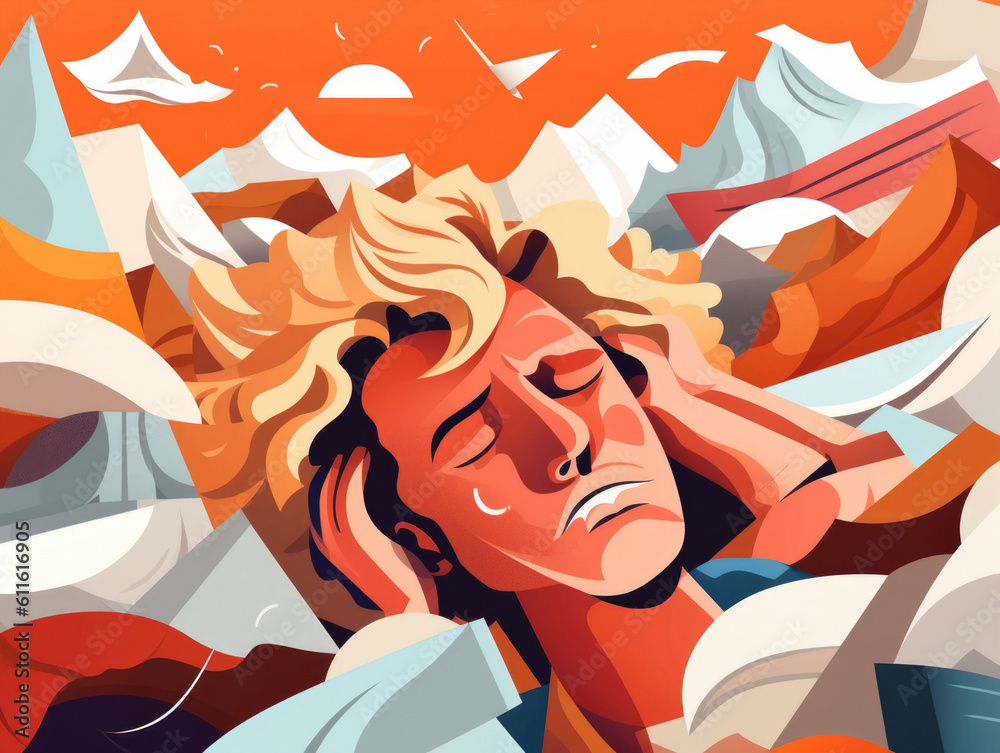 A person trembling in the face of a mountain of paperwork. Psychology art concept. AI generation