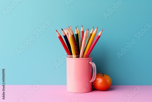 Back to school concept, backpack, books, pencils and other stationery on the table © fledermausstudio