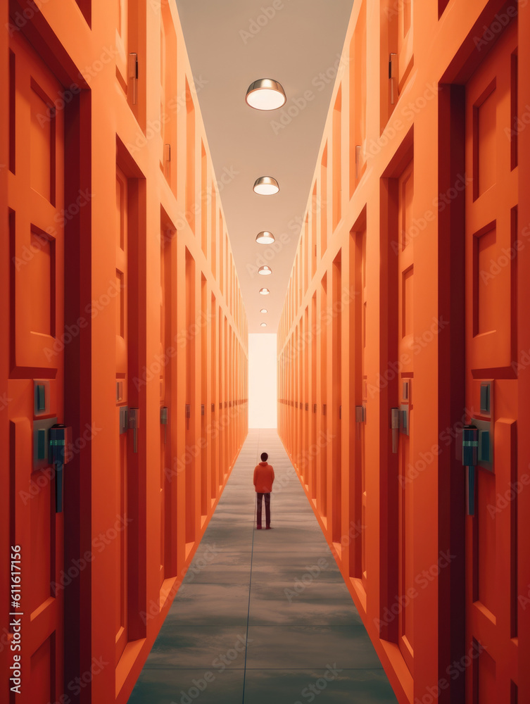 A person walking in a hallway full of different doors each representing a mental health issue. Psychology art concept. AI generation
