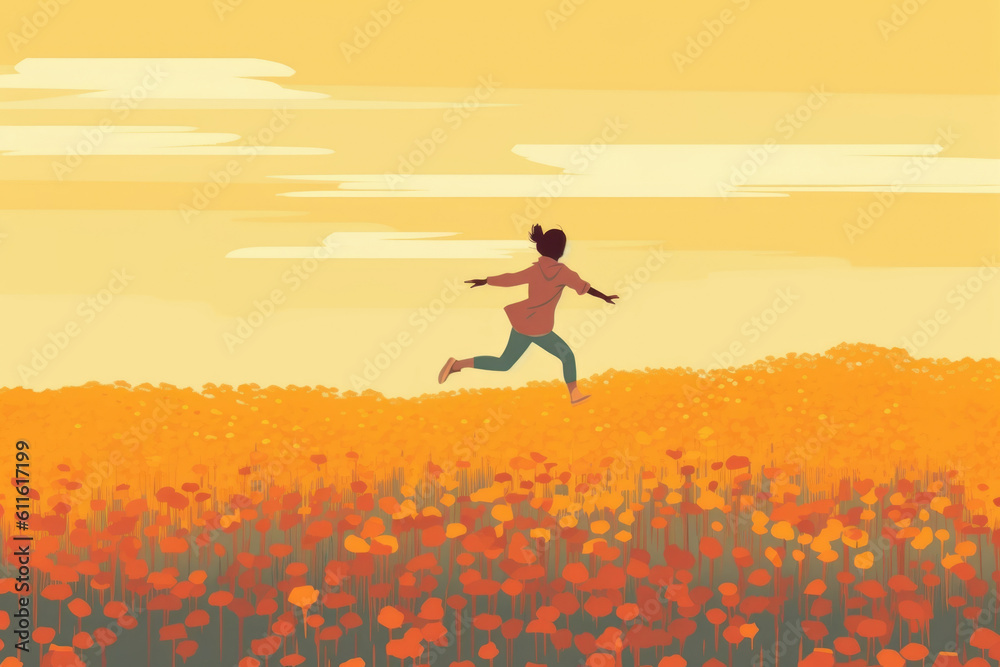 A person running through a field of flowers feeling a sense of liberation and elation. Psychology art concept. AI generation A person running through a field of flowers feeling a sense of liberation and elation. Psychology art concept. AI generation