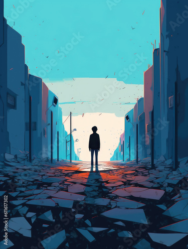 A person standing in a deadend street with no way out feeling hopeless and alone. Psychology art concept. AI generation photo