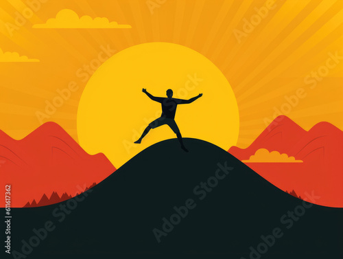 A person running up a hill arms outstretched and a big smile on their face. Psychology art concept. AI generation