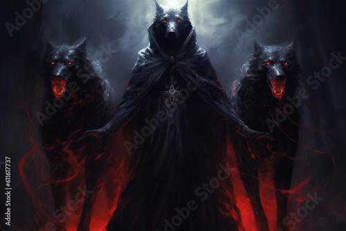 An ethereal being dressed in a flowing black robe is flanked by two hellhounds with Fantasy art concept. AI generation © Justlight