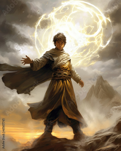 A young mage in flowing robes calling forth a magical light from the center of a stormy Fantasy art concept. AI generation