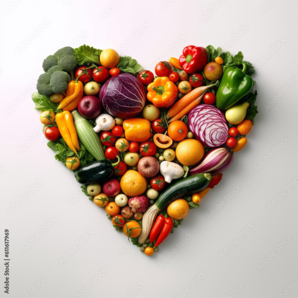 Vegetables in a heart on a white background. Generative AI Vegetables in a heart on a white background. Generative AI