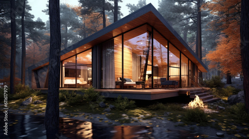 Modern guest house with triangle shaped roof built in woods. Residential building with futuristic design surrounded by trees in autumn forest generative AI.